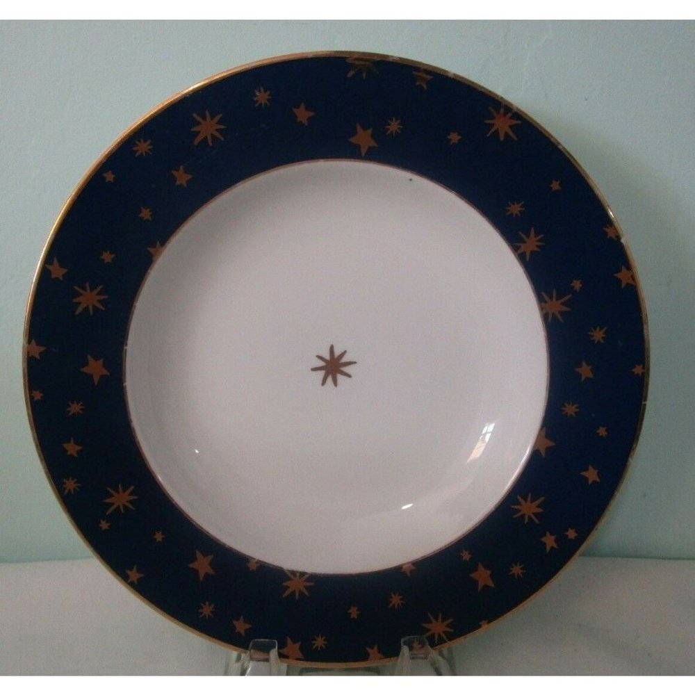 Galaxy by Sakura Rim Soup Bowl14kt Gold Stars on Dark Blue Fine Porcelain EUC